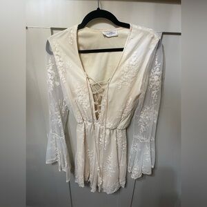 Handmade Grecian Bohemian Ivory/Off-White Lace up Hand Embroidered Romper